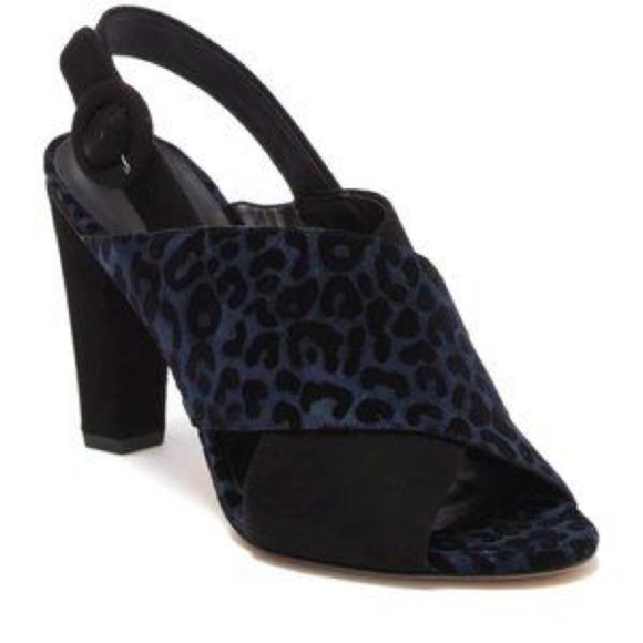 Diane Von Furstenberg Baile Two-Tone Black Blue Leopard Block Heel Sandals - Picture 1 of 8